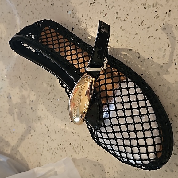 Mesh Ballet Flats Black Ballerina Shoes with Gold Buckle strap - Picture 8 of 9